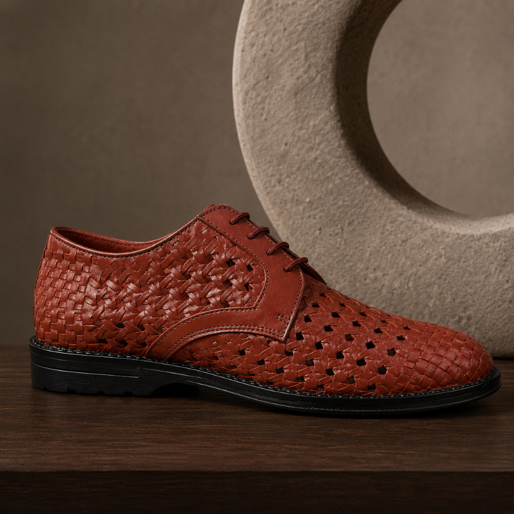 PUNTO: Handwoven Leather Derby Brick Brown Shoes