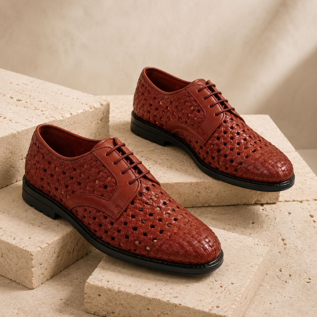 PUNTO: Handwoven Leather Derby Brick Brown Shoes