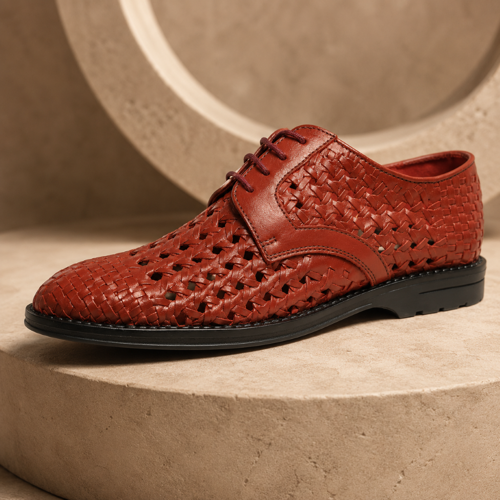 PUNTO: Handwoven Leather Derby Brick Brown Shoes