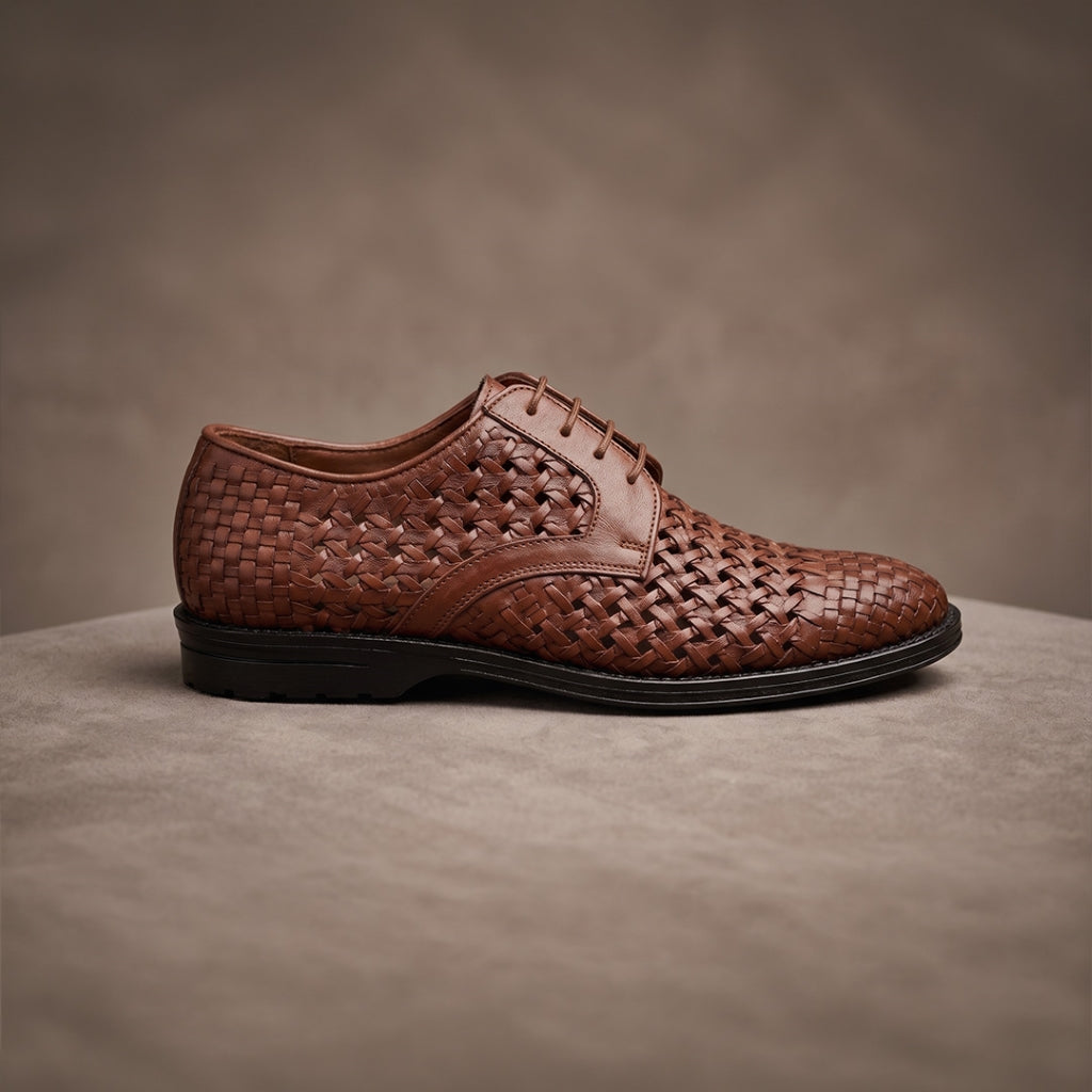 PUNTO: Handwoven Leather Derby Dark Brown Shoes