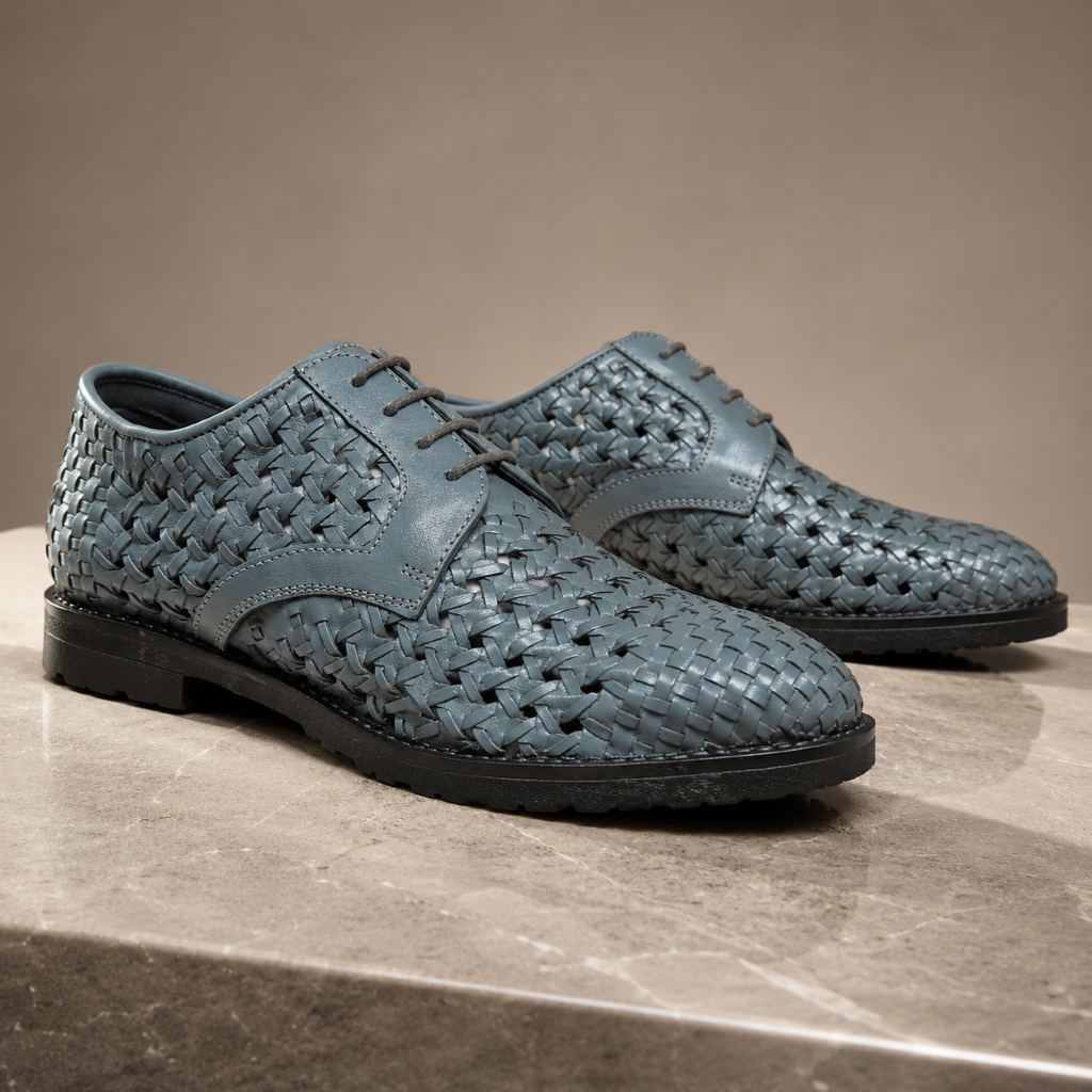 PUNTO: Handwoven Leather Derby Grey Shoes