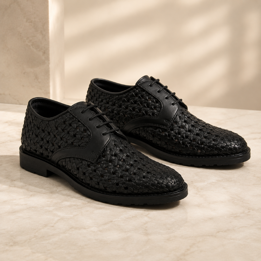 PUNTO: Handwoven Leather Derby Black Shoes
