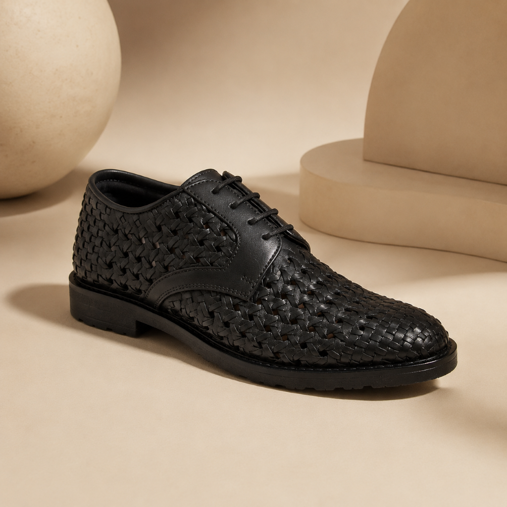 PUNTO: Handwoven Leather Derby Black Shoes