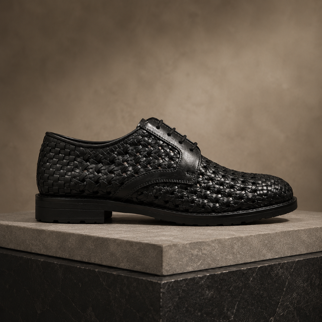 PUNTO: Handwoven Leather Derby Black Shoes