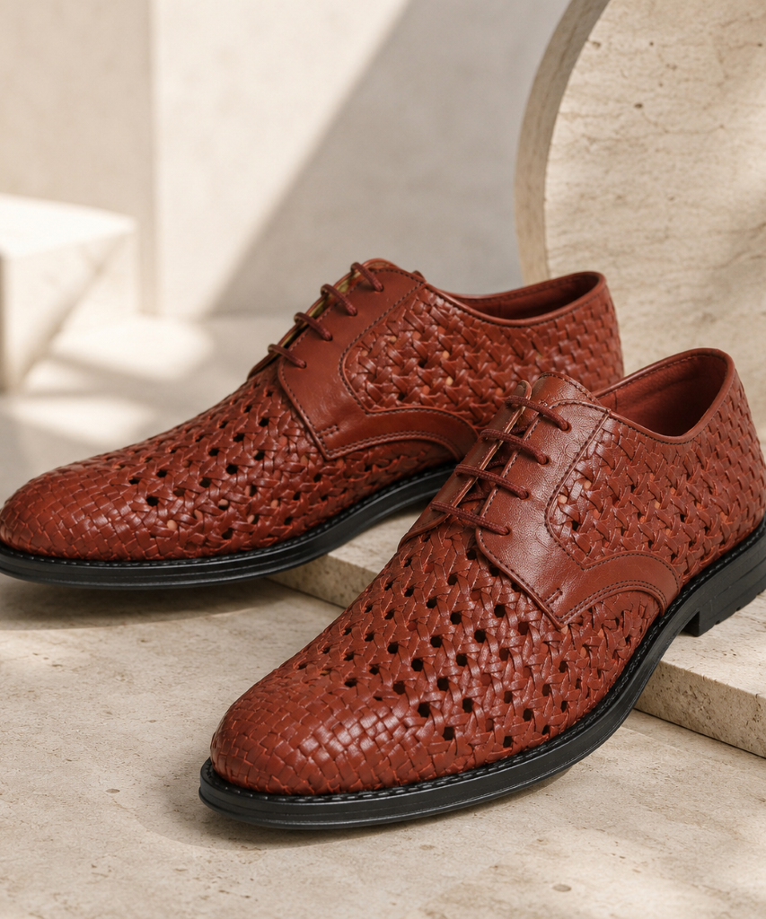 PUNTO: Handwoven Leather Derby Brick Brown Shoes