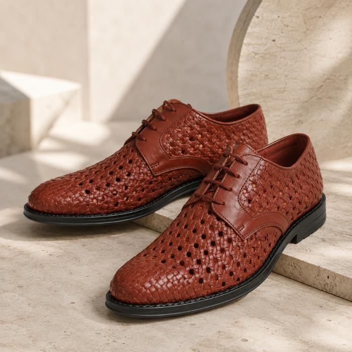 PUNTO: Handwoven Leather Derby Brick Brown Shoes