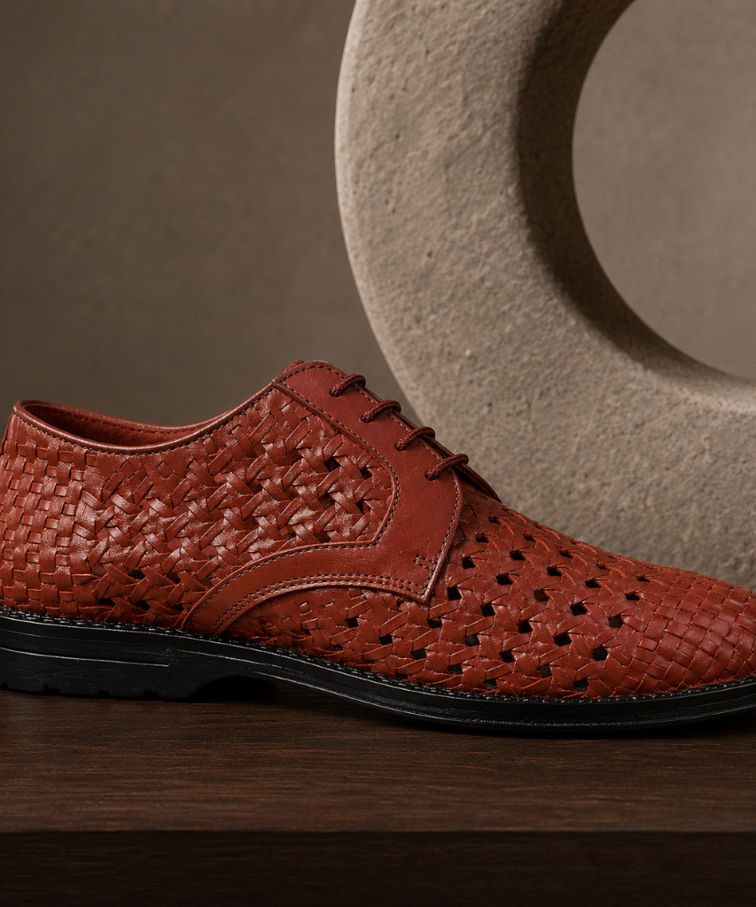 PUNTO: Handwoven Leather Derby Brick Brown Shoes