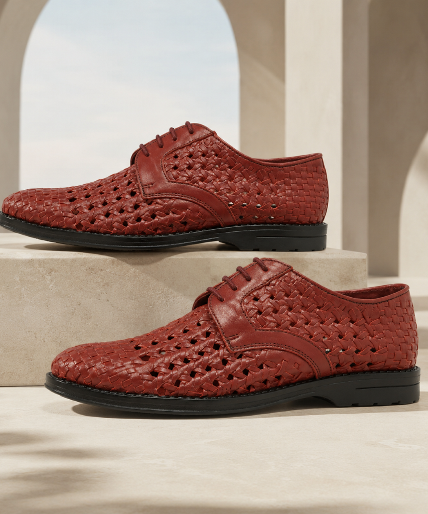 PUNTO: Handwoven Leather Derby Brick Brown Shoes