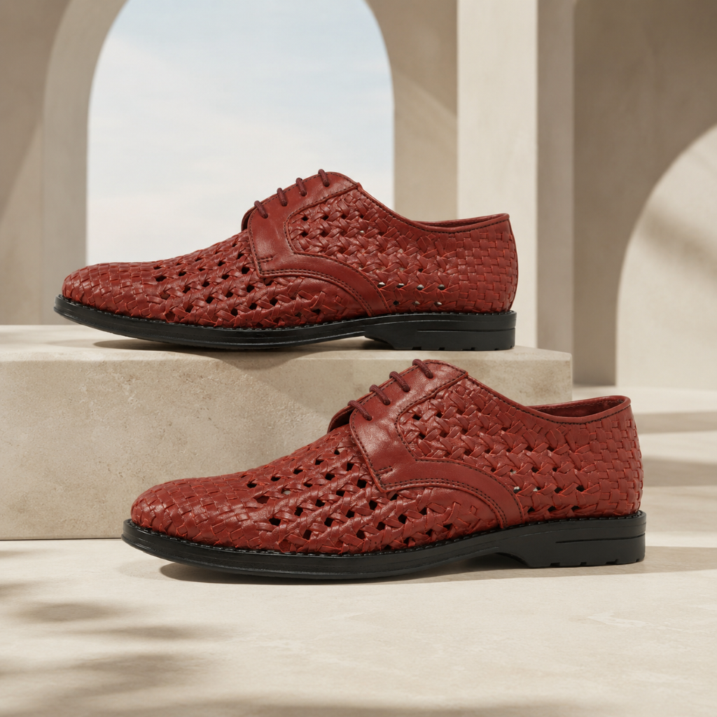 PUNTO: Handwoven Leather Derby Brick Brown Shoes