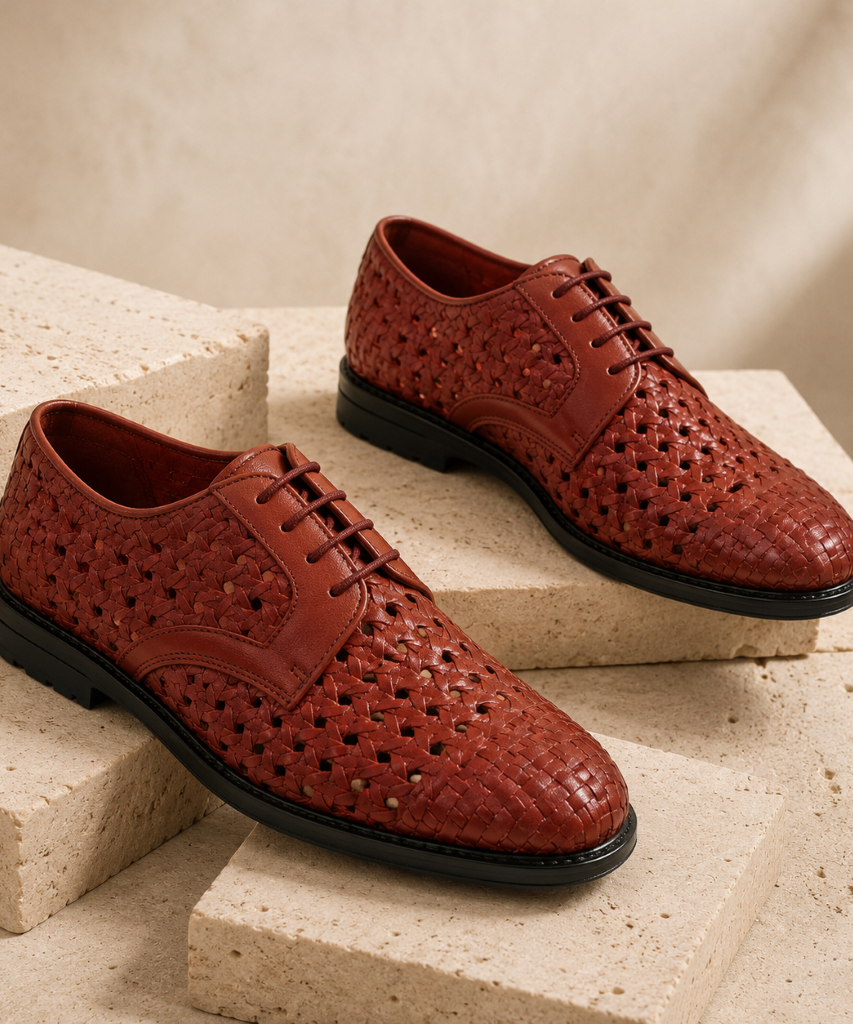 PUNTO: Handwoven Leather Derby Brick Brown Shoes