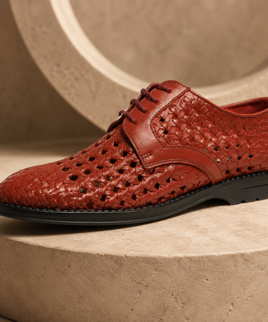 PUNTO: Handwoven Leather Derby Brick Brown Shoes
