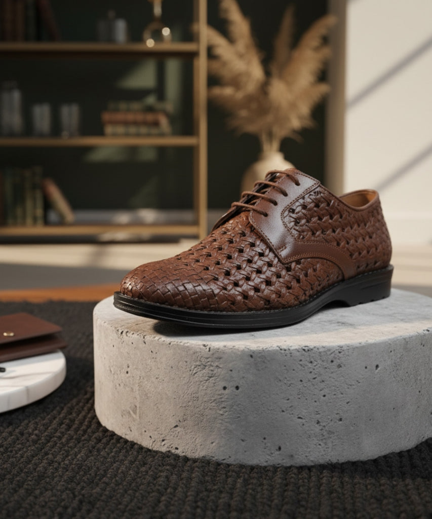 PUNTO: Handwoven Leather Derby Dark Brown Shoes