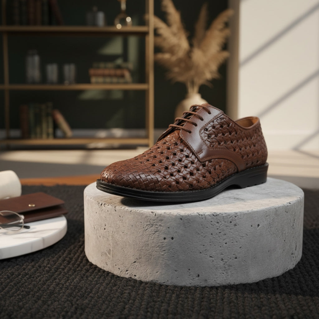 PUNTO: Handwoven Leather Derby Dark Brown Shoes