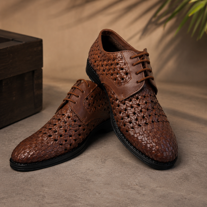 PUNTO: Handwoven Leather Derby Dark Brown Shoes