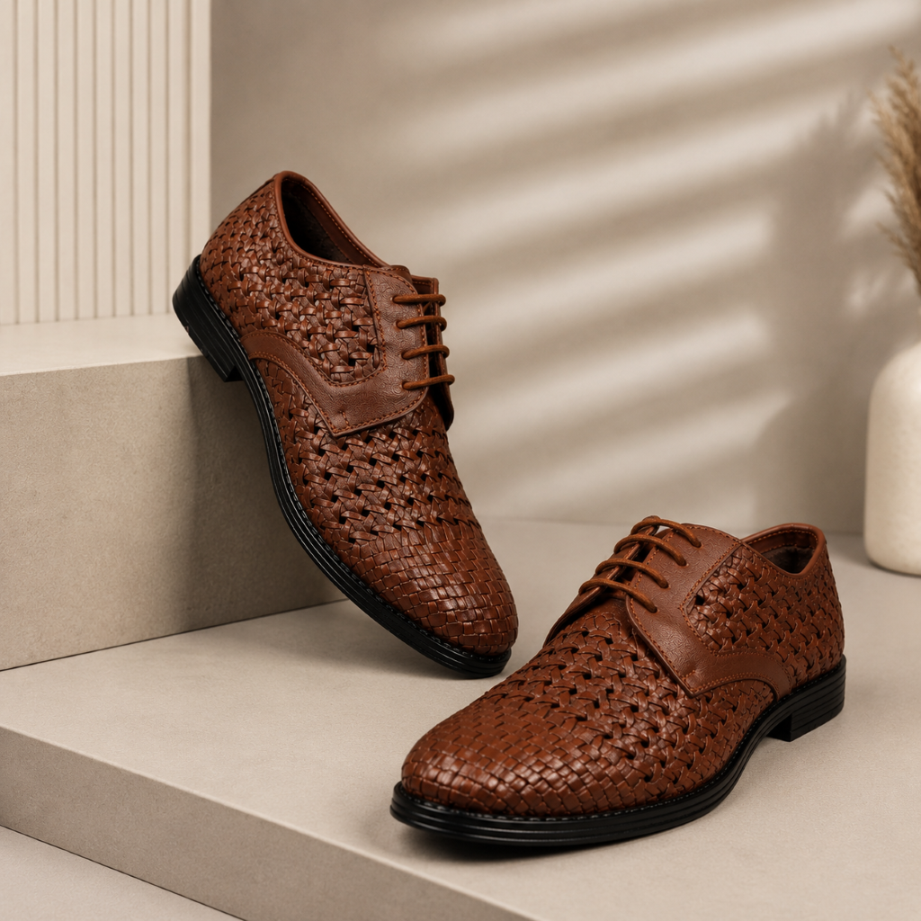 PUNTO: Handwoven Leather Derby Dark Brown Shoes