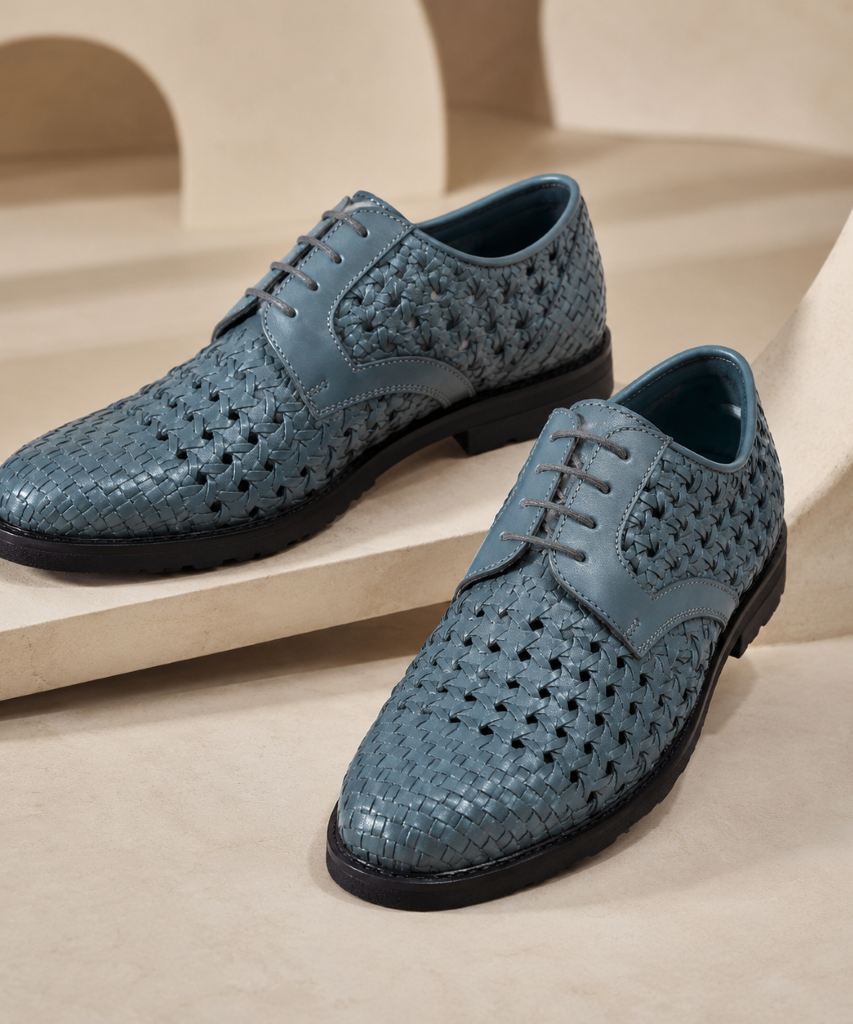 PUNTO: Handwoven Leather Derby Grey Shoes