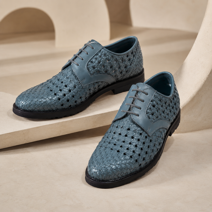 PUNTO: Handwoven Leather Derby Grey Shoes