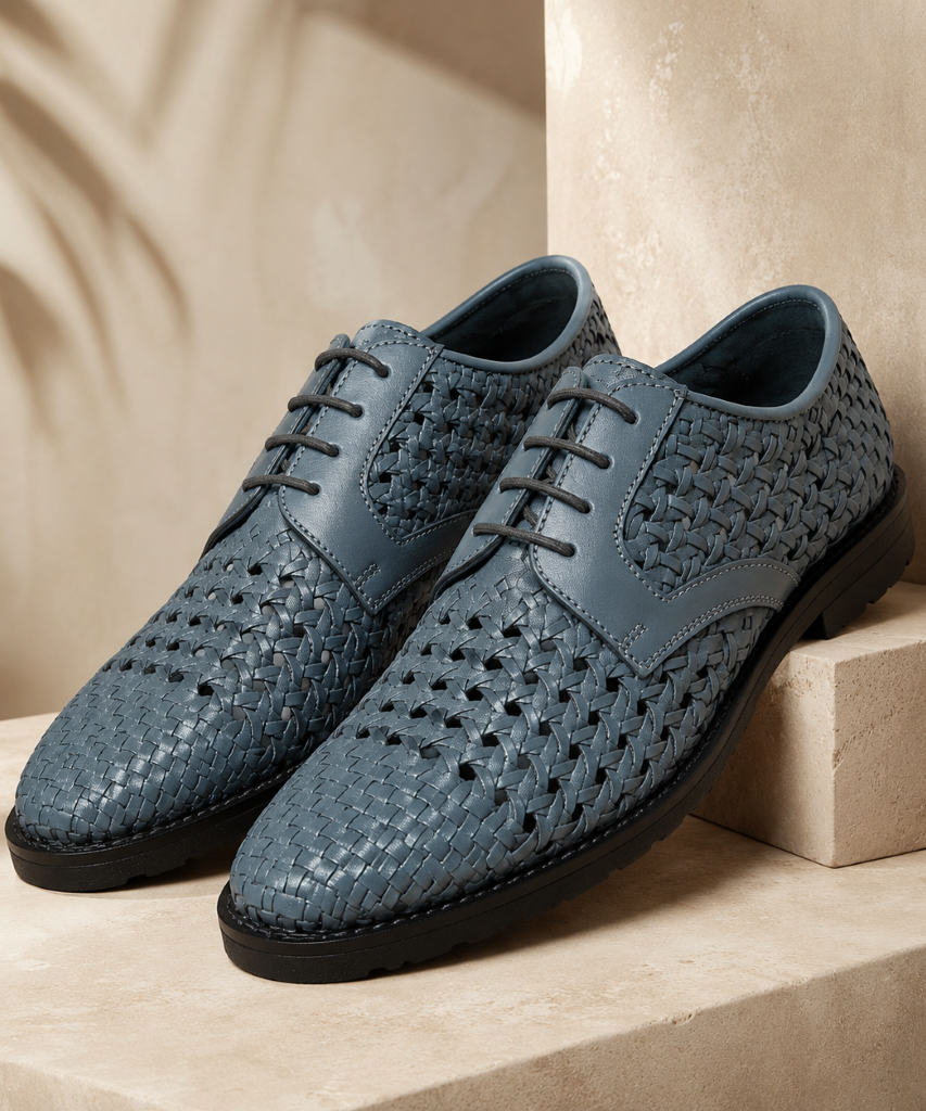 PUNTO: Handwoven Leather Derby Grey Shoes