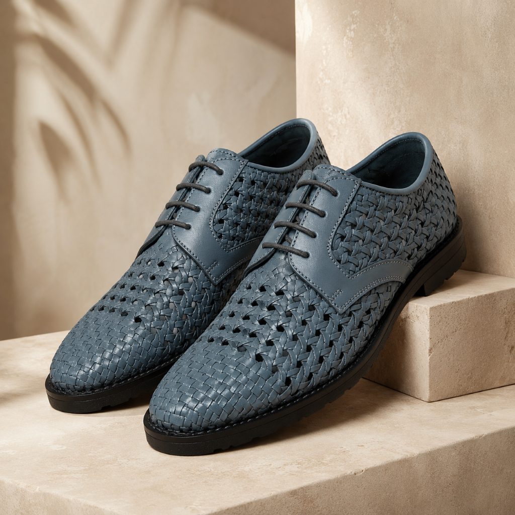 PUNTO: Handwoven Leather Derby Grey Shoes