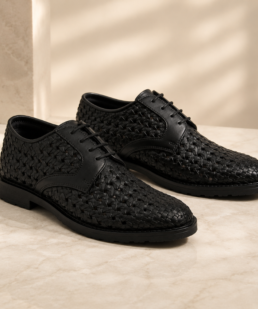 PUNTO: Handwoven Leather Derby Black Shoes