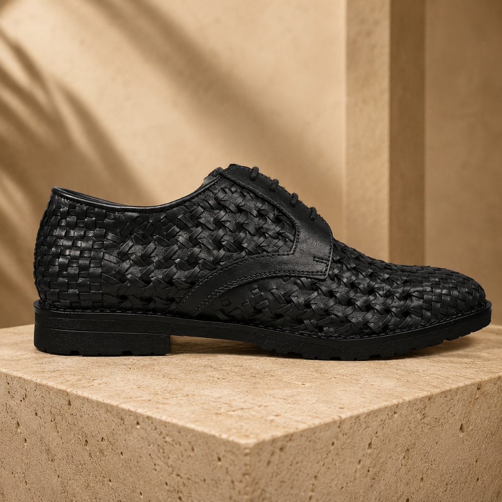 PUNTO: Handwoven Leather Derby Black Shoes