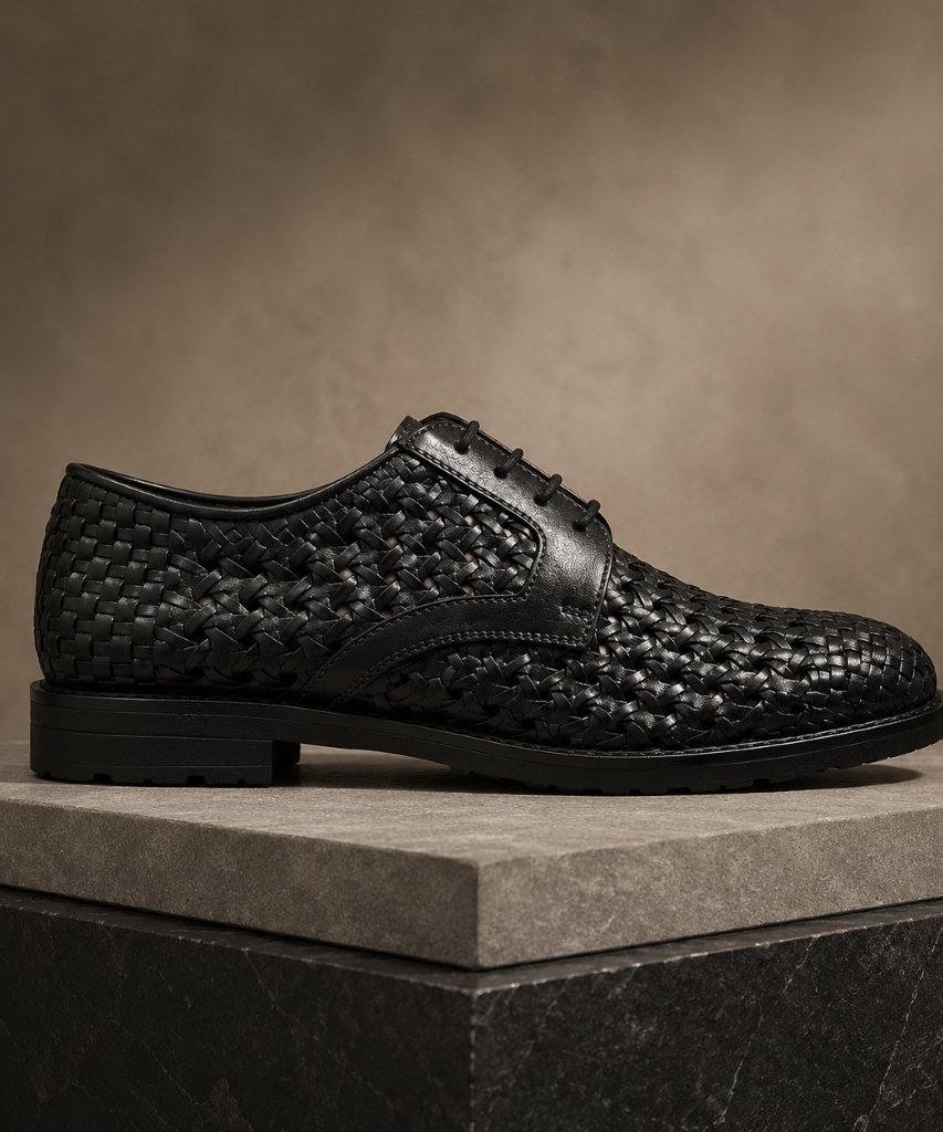PUNTO: Handwoven Leather Derby Black Shoes