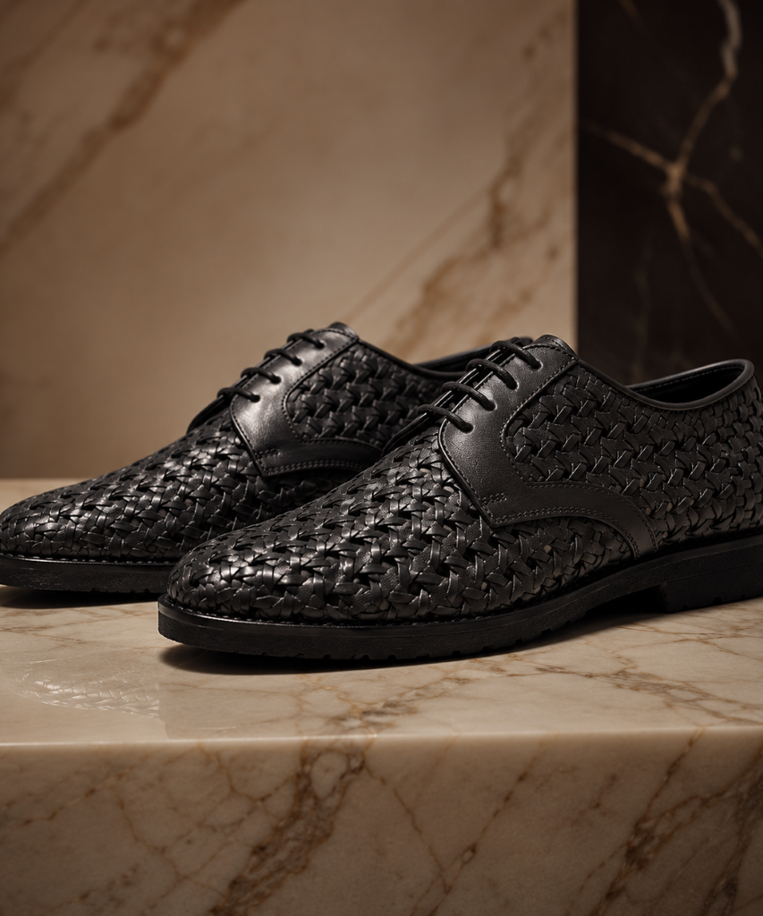 PUNTO: Handwoven Leather Derby Black Shoes