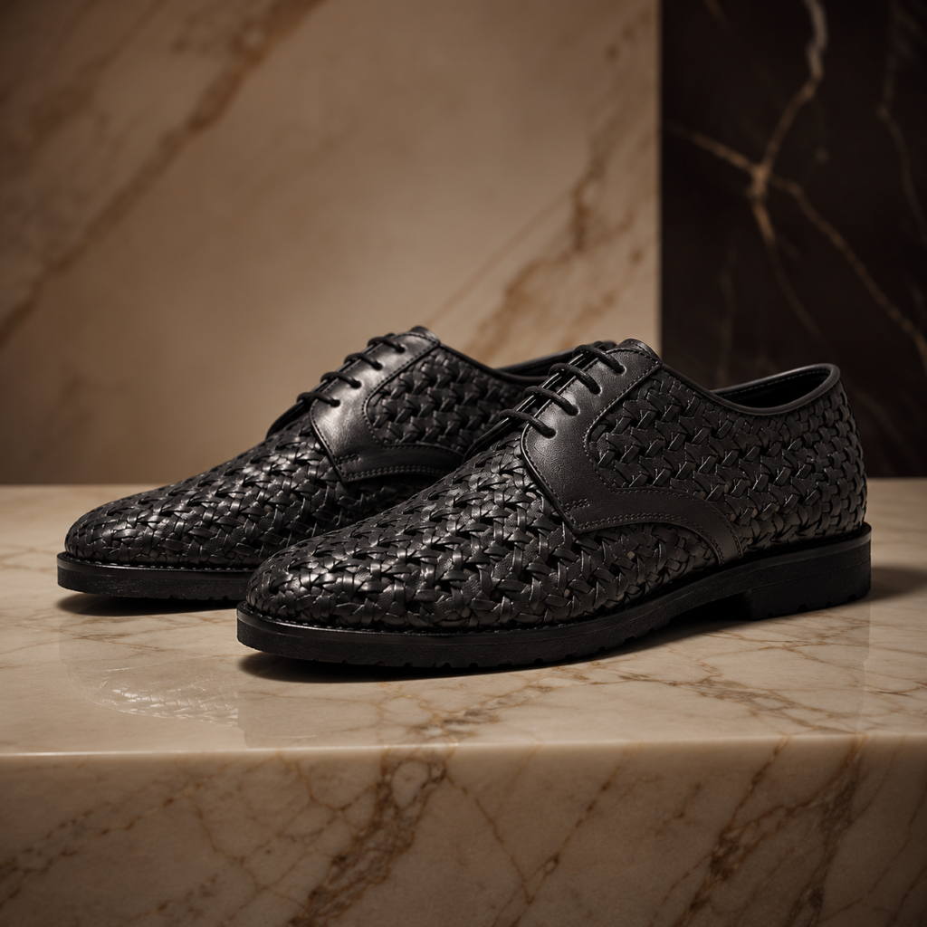 PUNTO: Handwoven Leather Derby Black Shoes